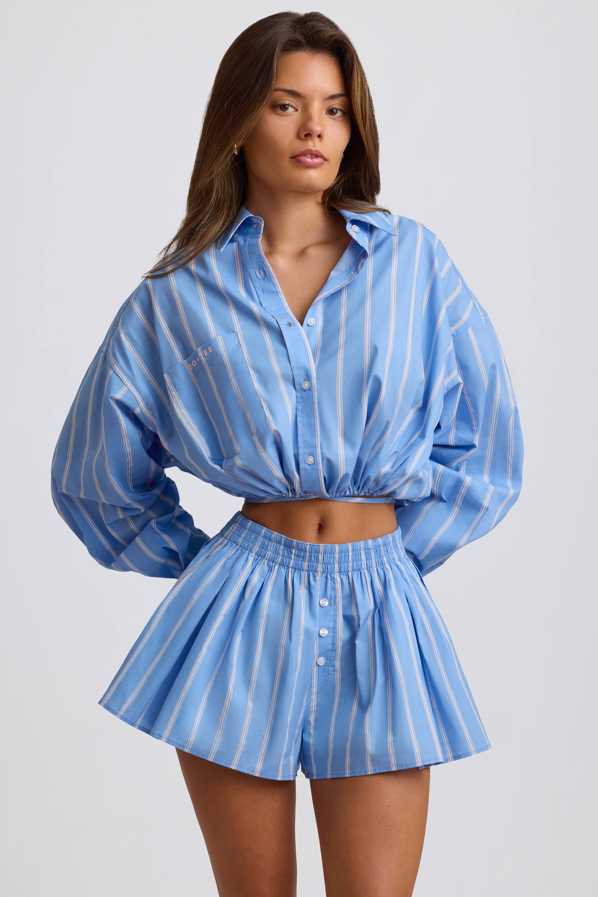 Cotton Poplin Stripe Multiway Cropped Shirt in Blue Stripe