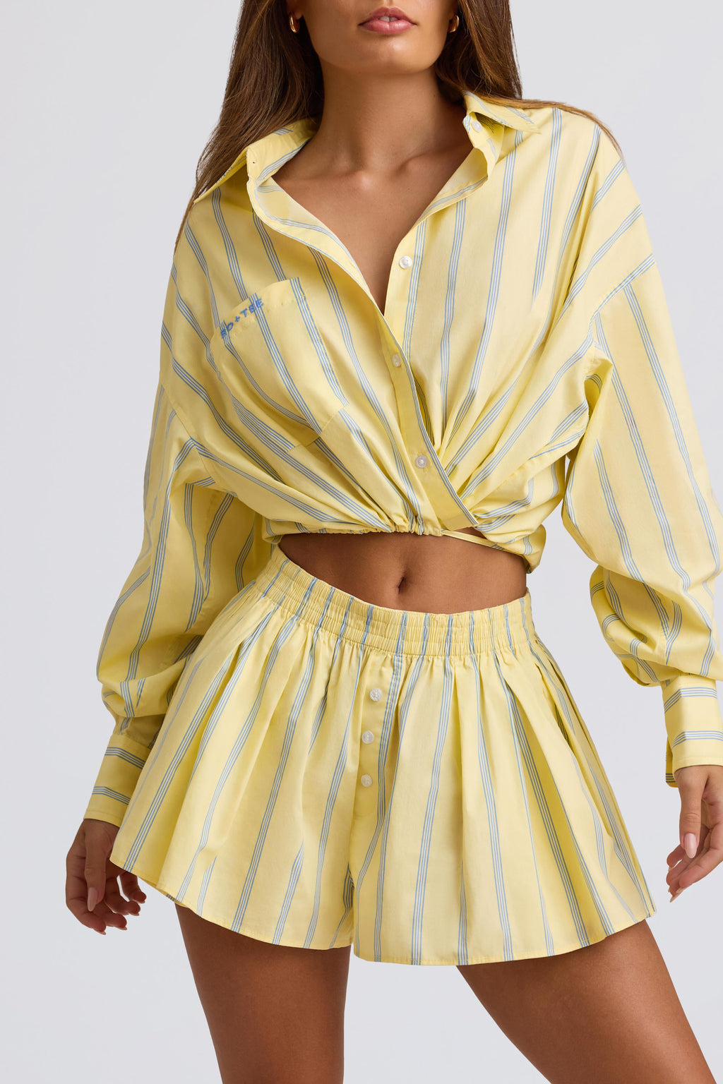 Cotton Poplin Stripe Multiway Cropped Shirt in Yellow Stripe