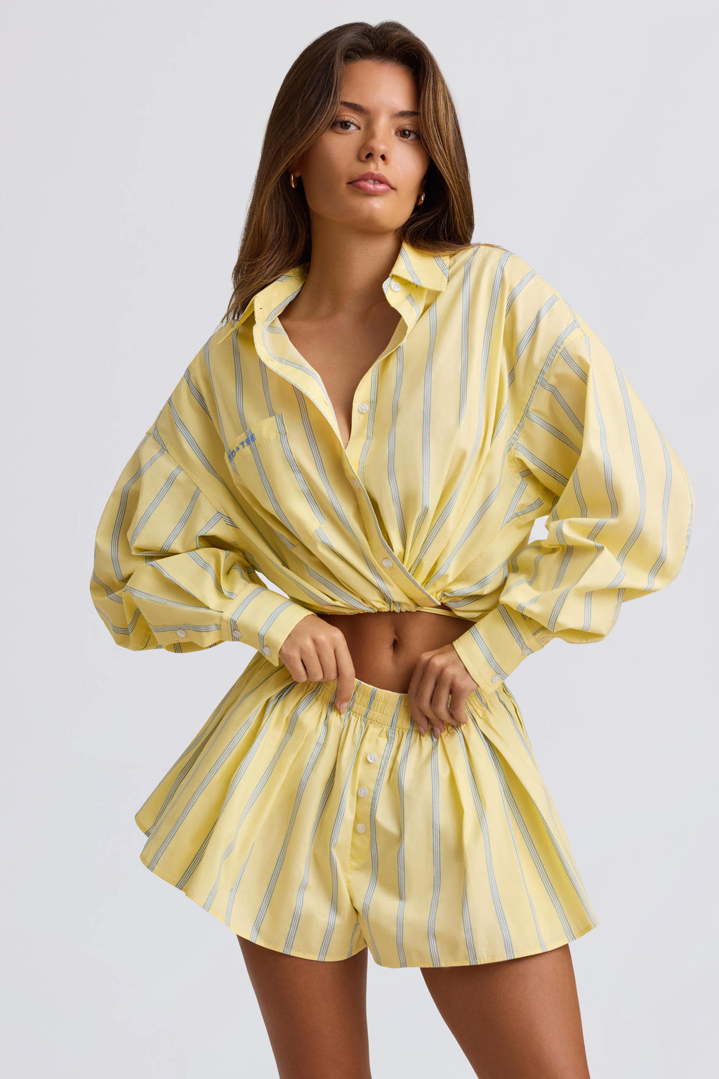 Cotton Poplin Stripe Multiway Cropped Shirt in Yellow Stripe