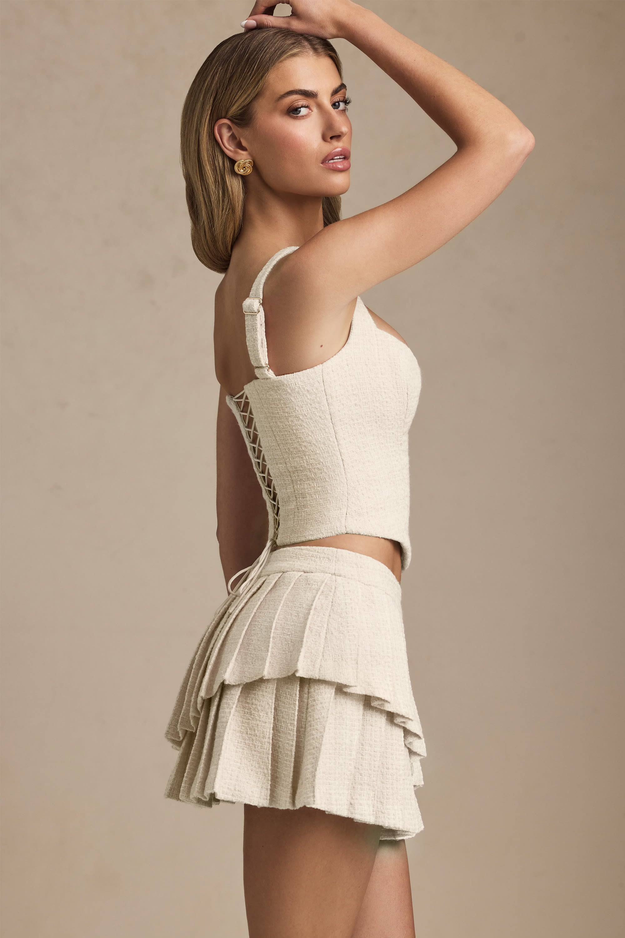 Layered Pleated Low-Rise Mini Skirt in Ivory