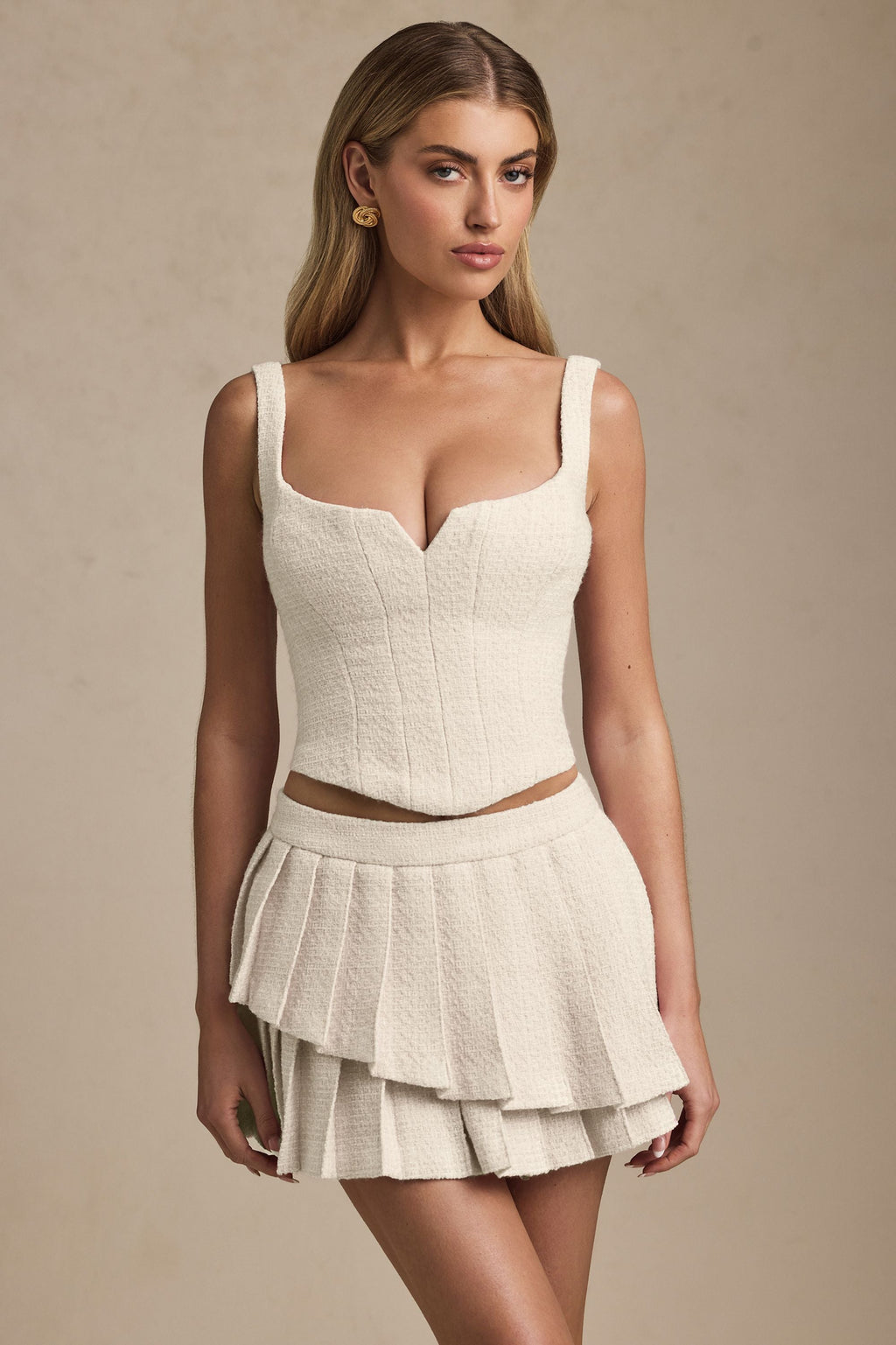 Layered Pleated Low-Rise Mini Skirt in Ivory