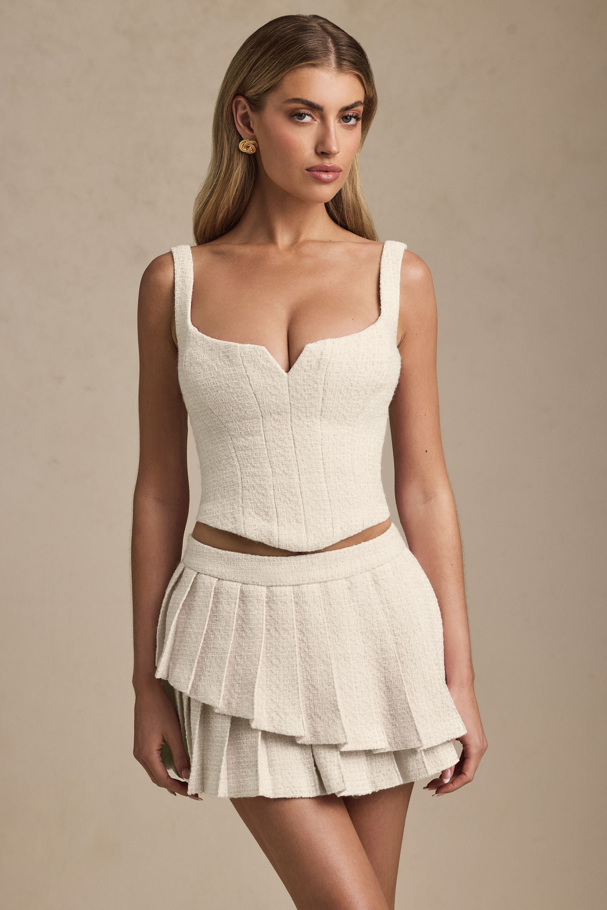 Layered Pleated Low-Rise Mini Skirt in Ivory