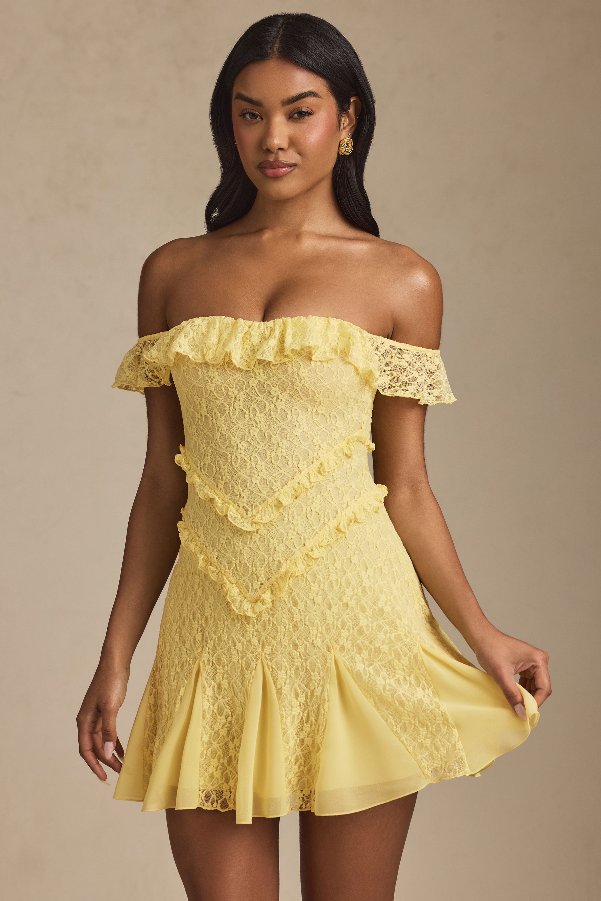 Off-Shoulder Lace A-Line Mini Dress in Pastel Yellow