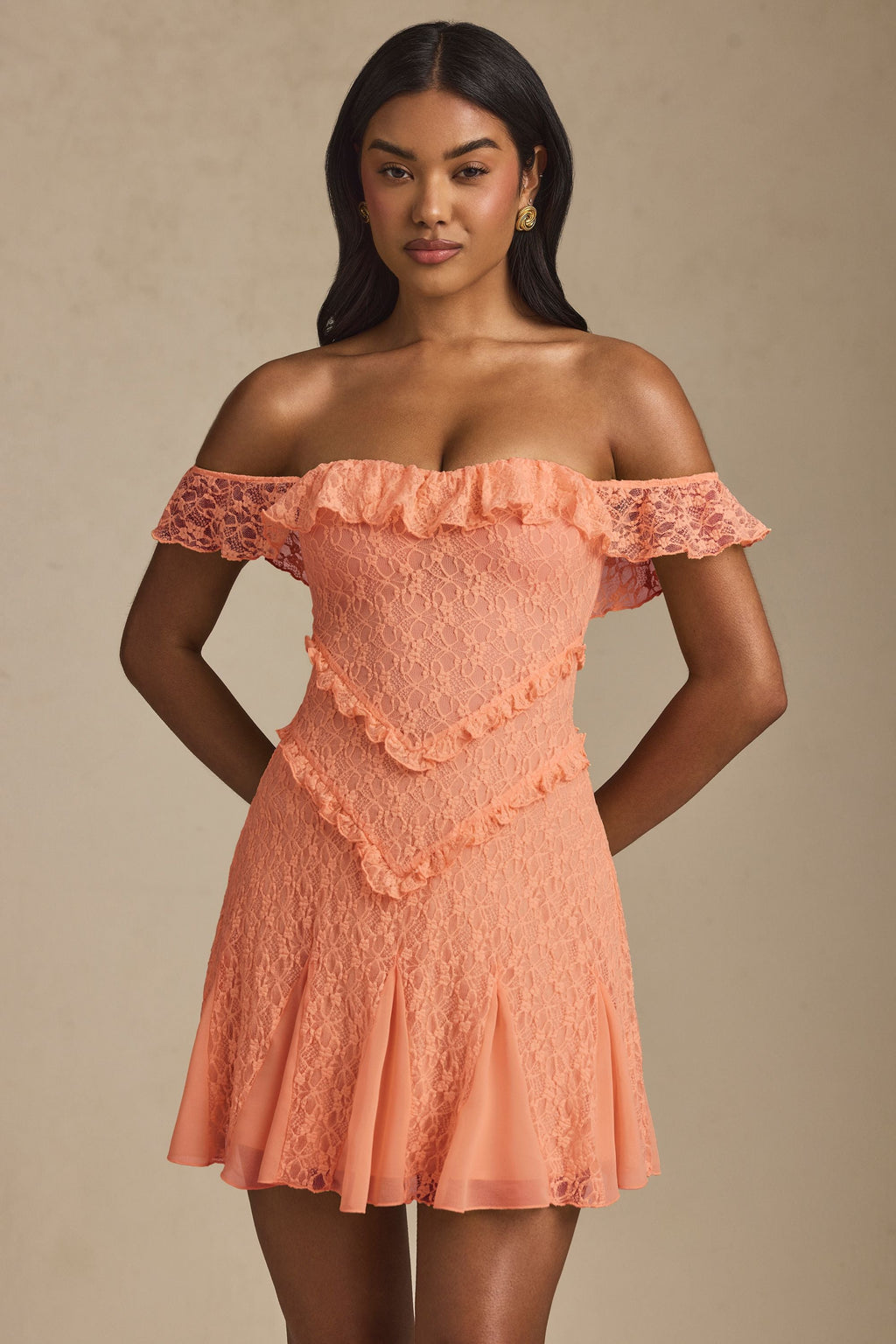 Off-Shoulder Lace A-Line Mini Dress in Peach