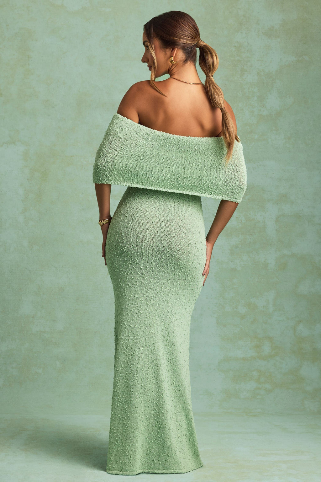 Bouclé Off-Shoulder Maxi Dress in Mint