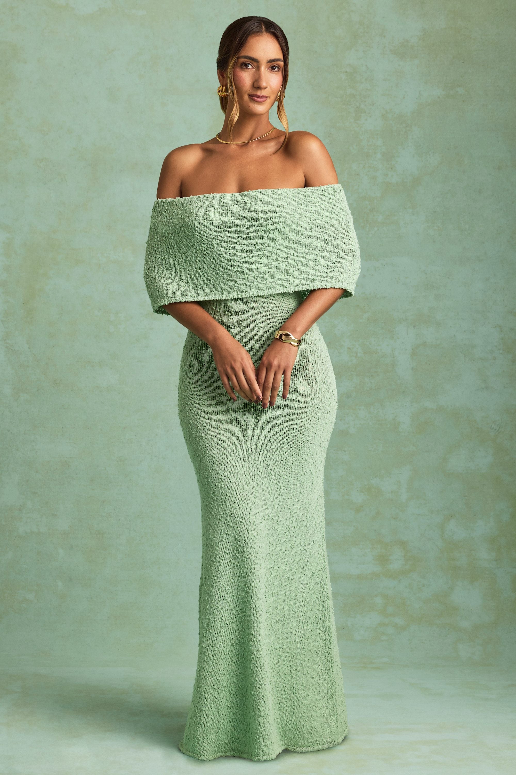 Bouclé Off-Shoulder Maxi Dress in Mint