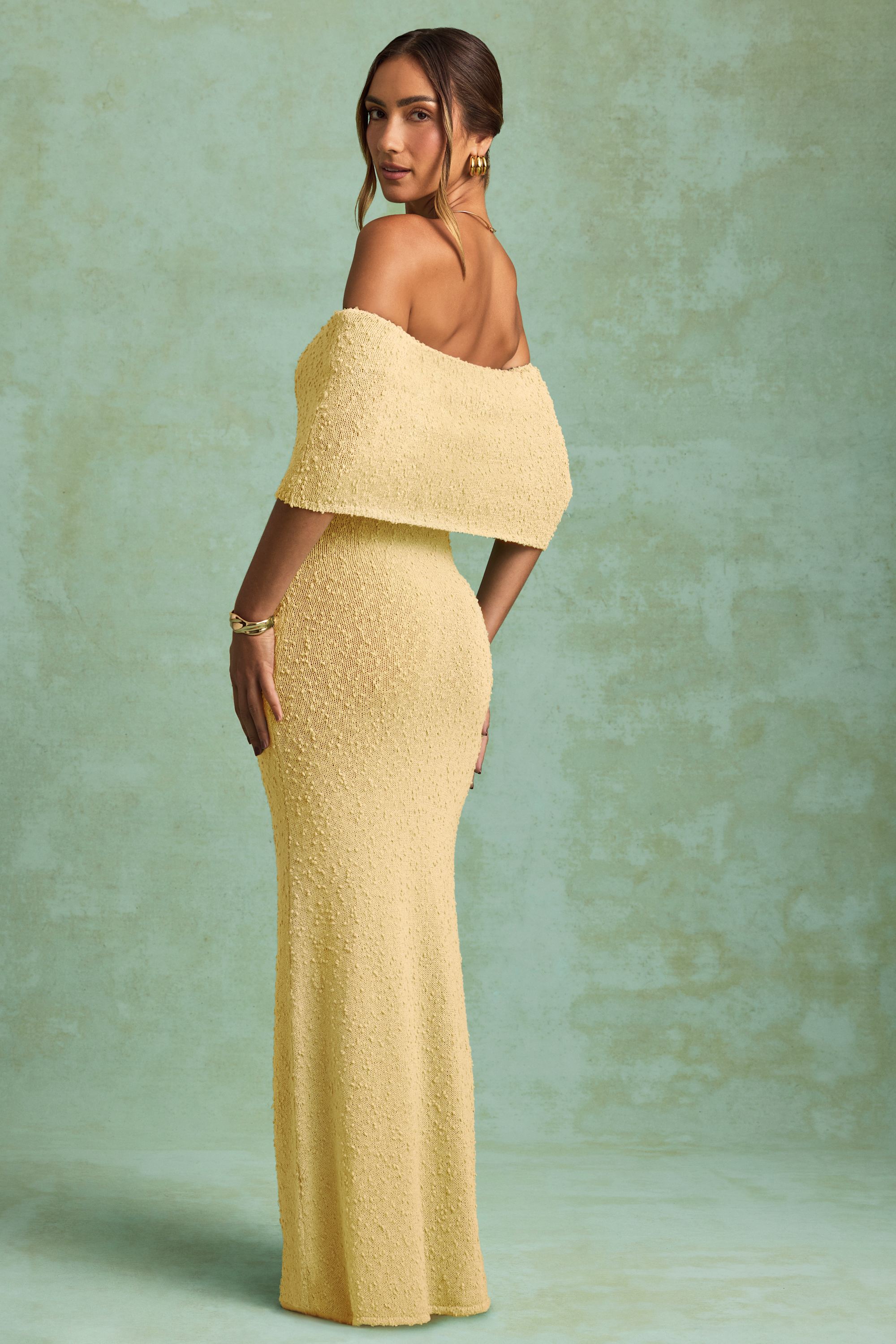 Bouclé Off-Shoulder Maxi Dress in Yellow
