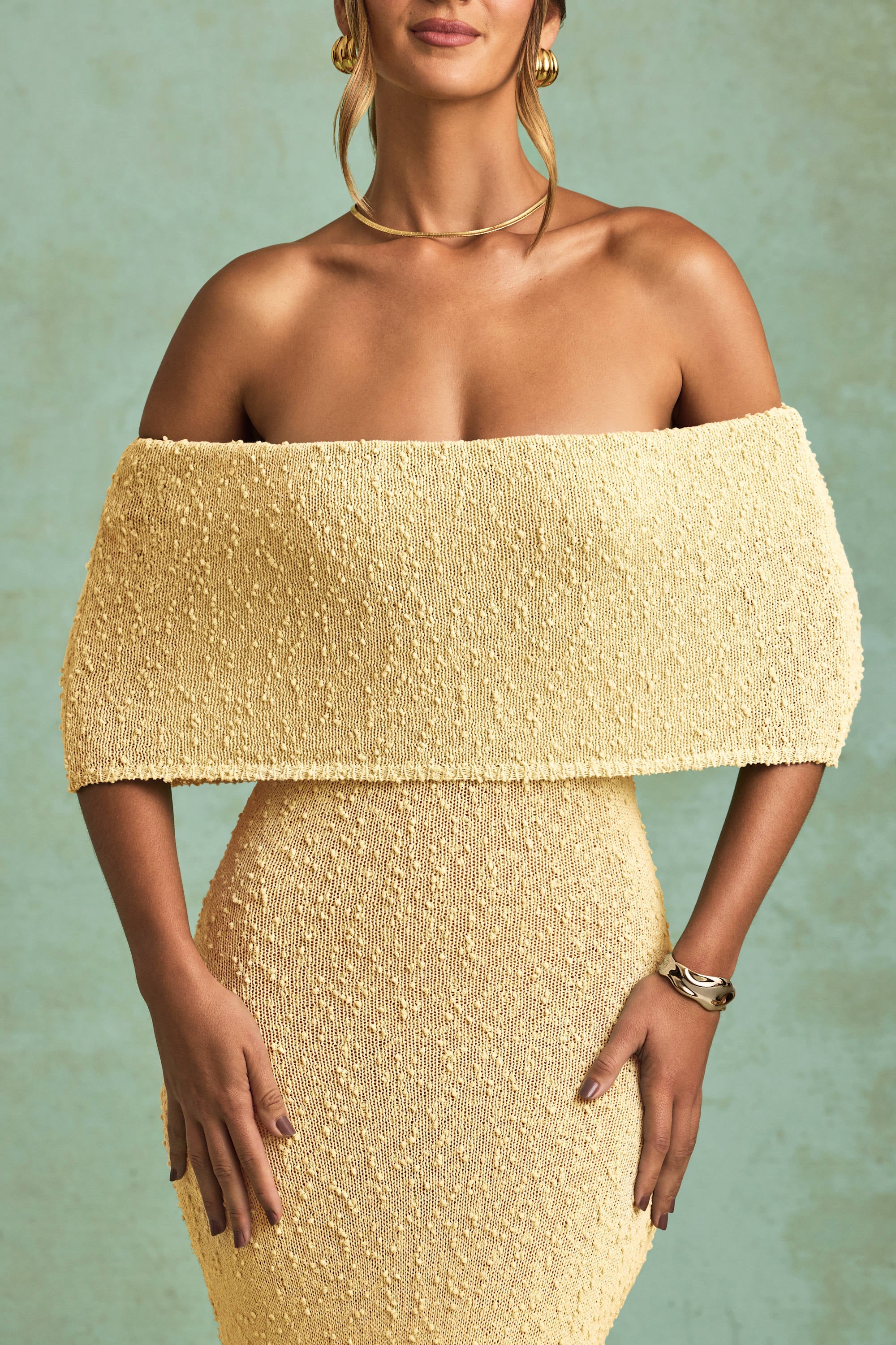 Bouclé Off-Shoulder Maxi Dress in Yellow