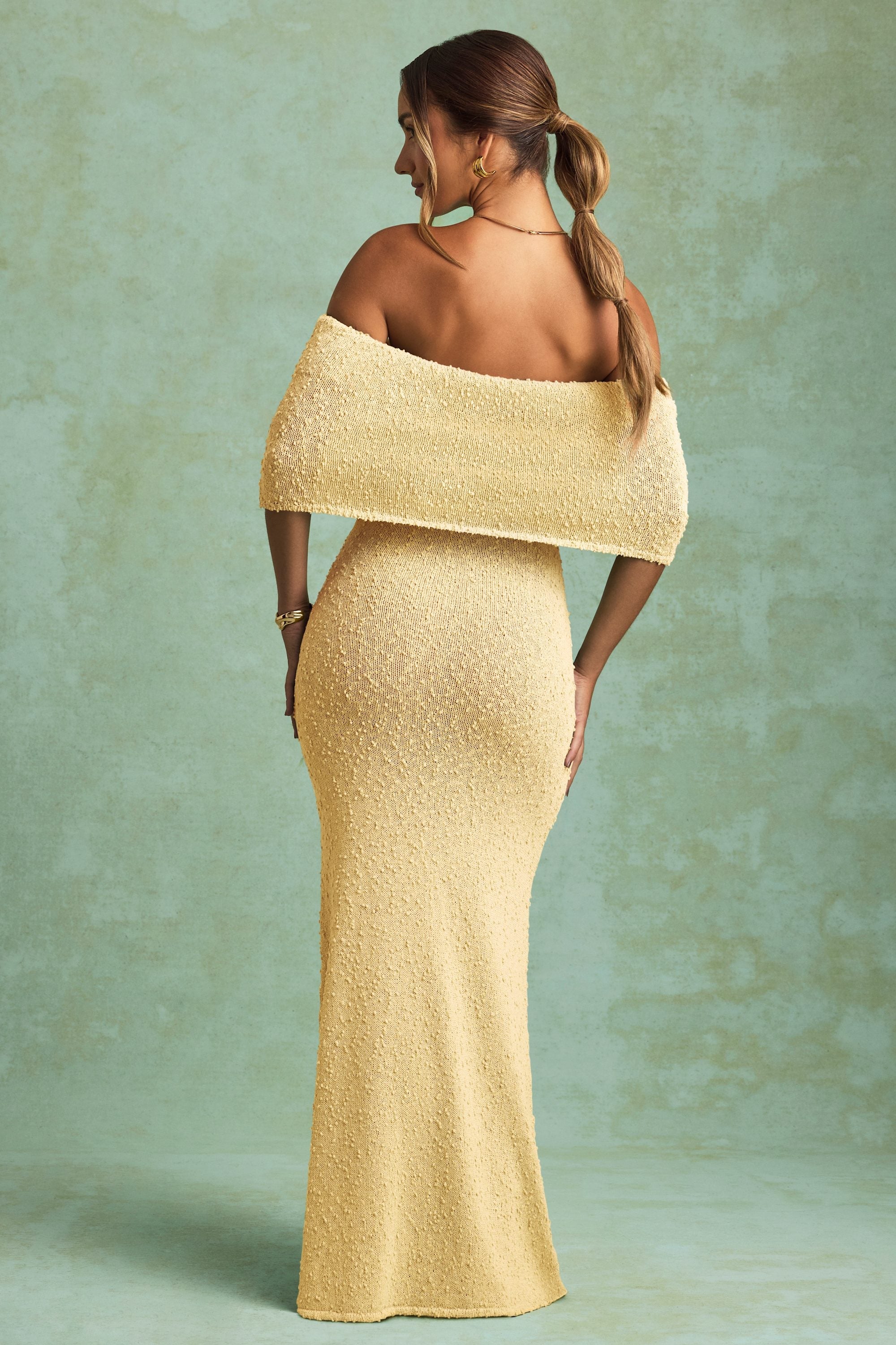 Bouclé Off-Shoulder Maxi Dress in Yellow