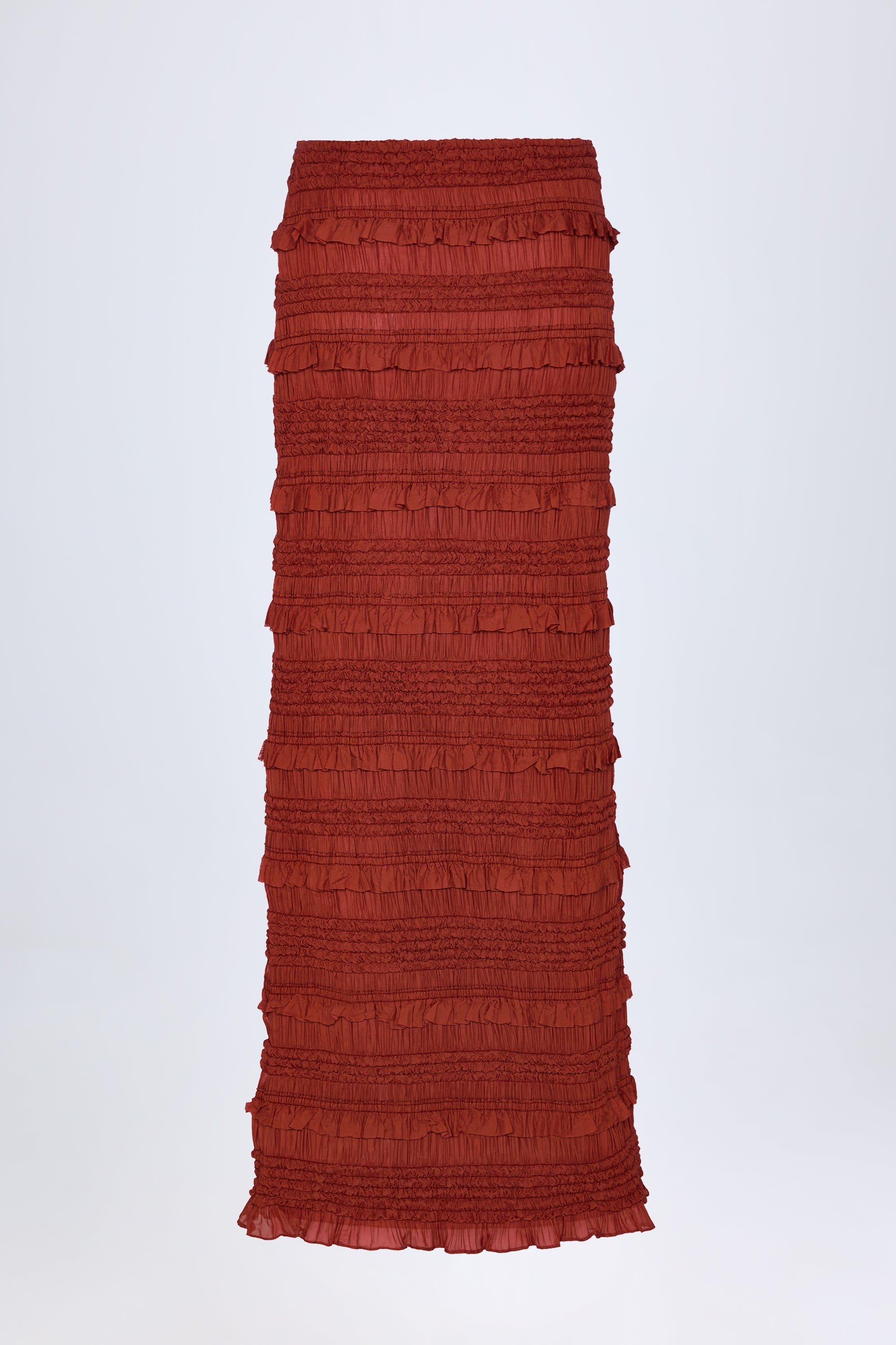 Ruffled Mid-Rise Maxi Skirt in Burnt Red