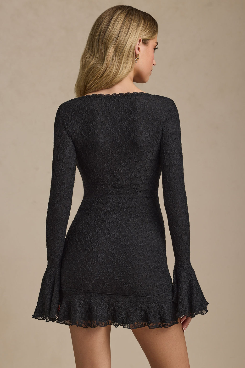 Long-Sleeve Ruffled Lace Mini Dress in Black