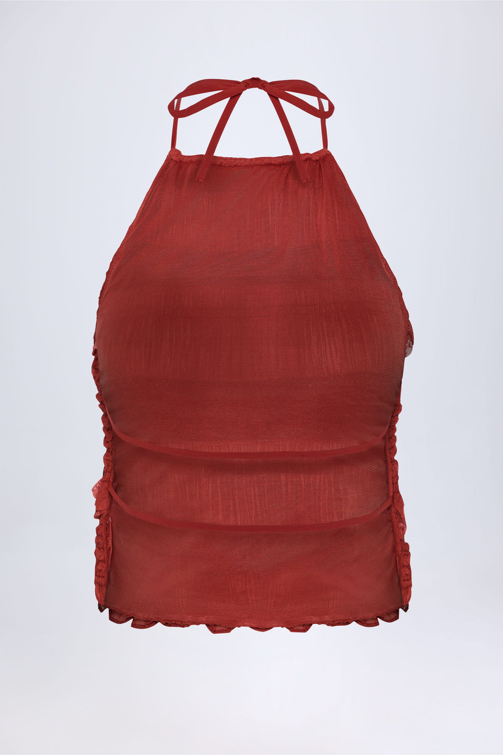Ruffled High-Neck Backless Top in Burnt Red