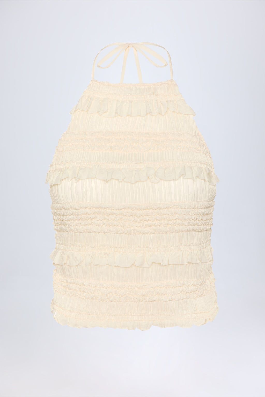 Ruffled High-Neck Backless Top in Ivory