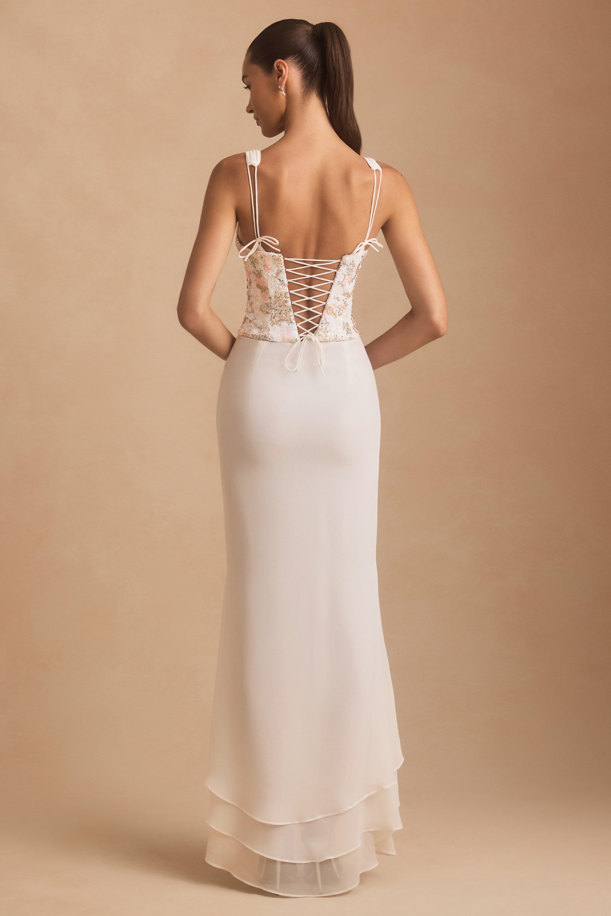 Embellished Plunge Ruffled Corset Maxi Dress in Ivory