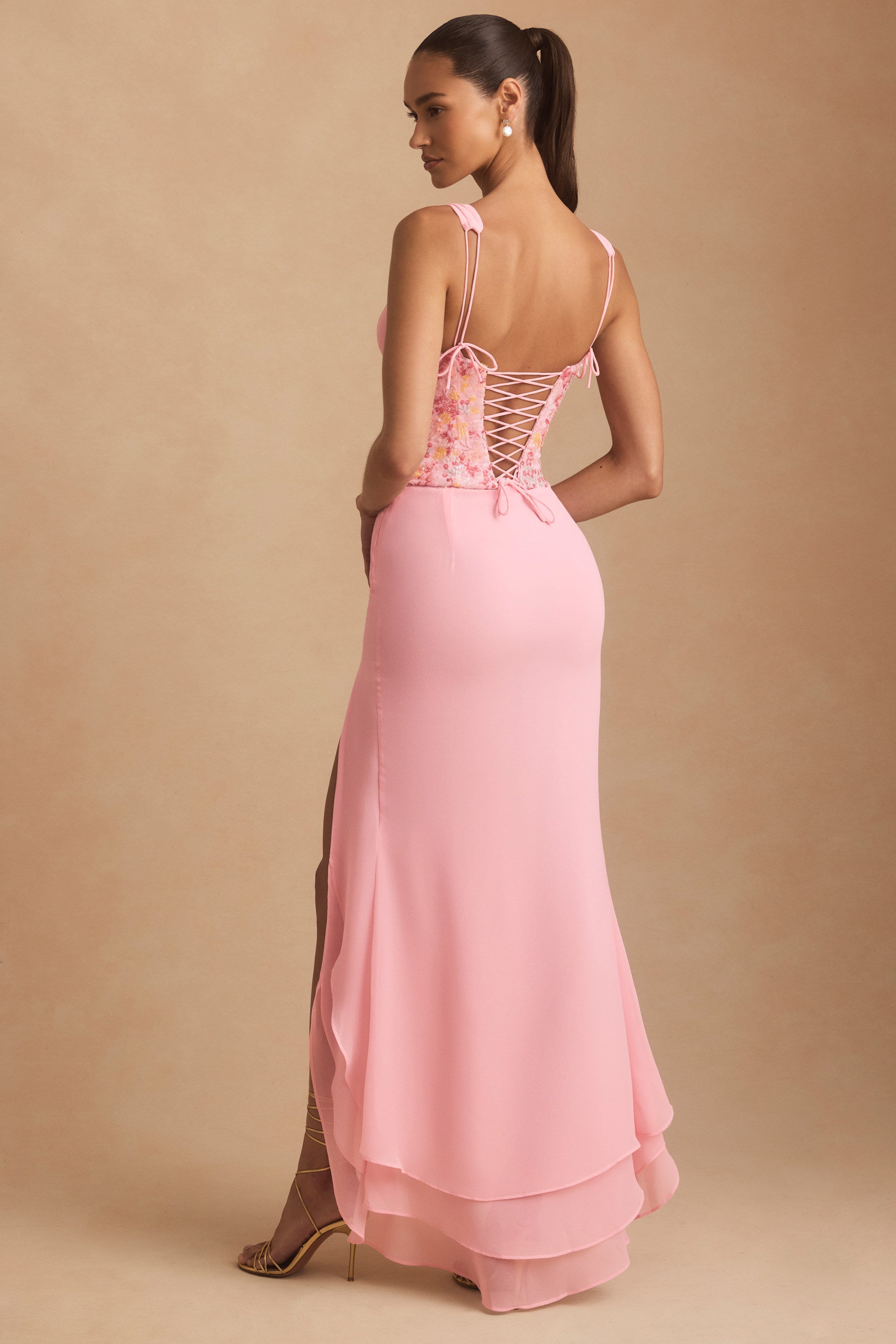 Embellished Plunge Ruffled Corset Maxi Dress in Pink