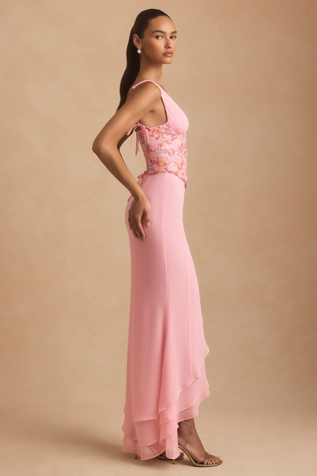 Embellished Plunge Ruffled Corset Maxi Dress in Pink