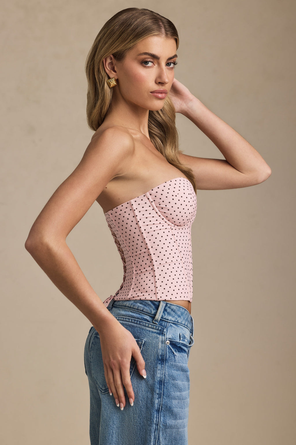Lace-Up Strapless Corset Top in Pink Polka Dot