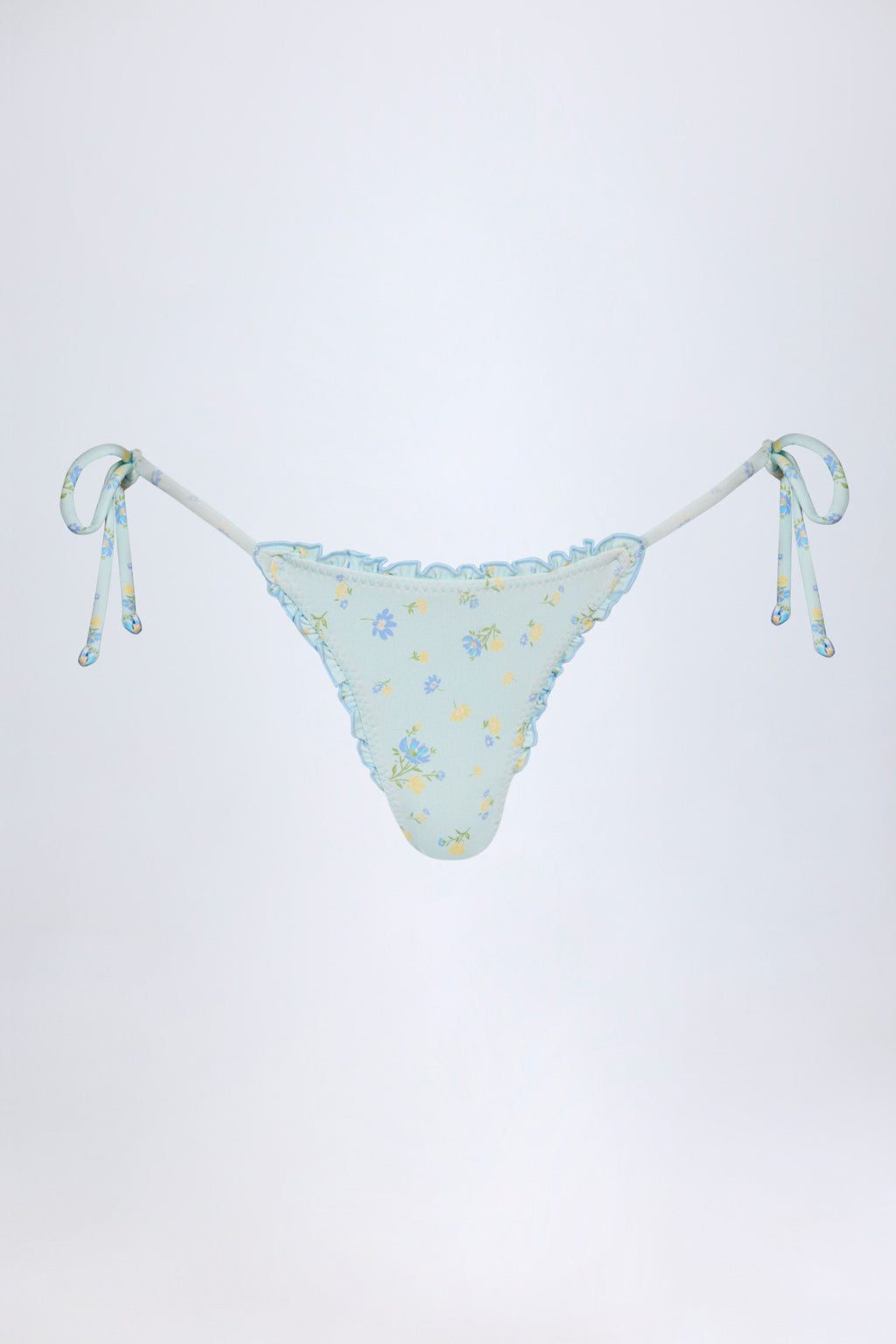 Side-Tie Thong Bikini Bottoms in Blue Floral