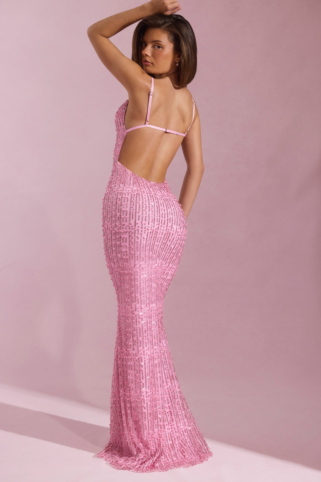 Embellished Cowl-Neck Backless Maxi Dress in Pink