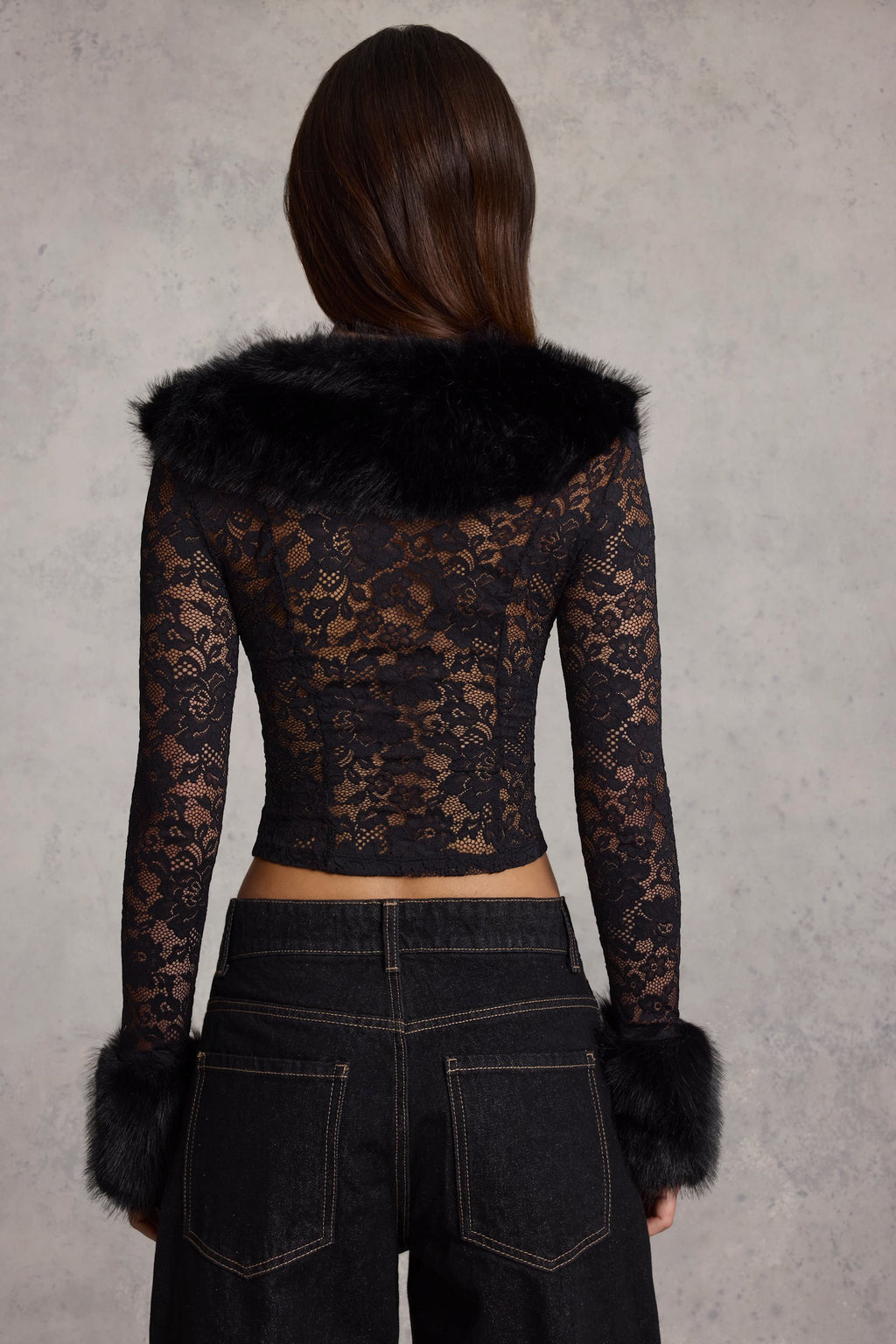 Faux Fur-Trim Lace Cardigan in Black