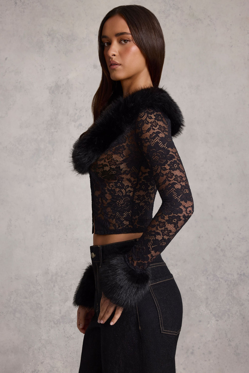 Faux Fur-Trim Lace Cardigan in Black