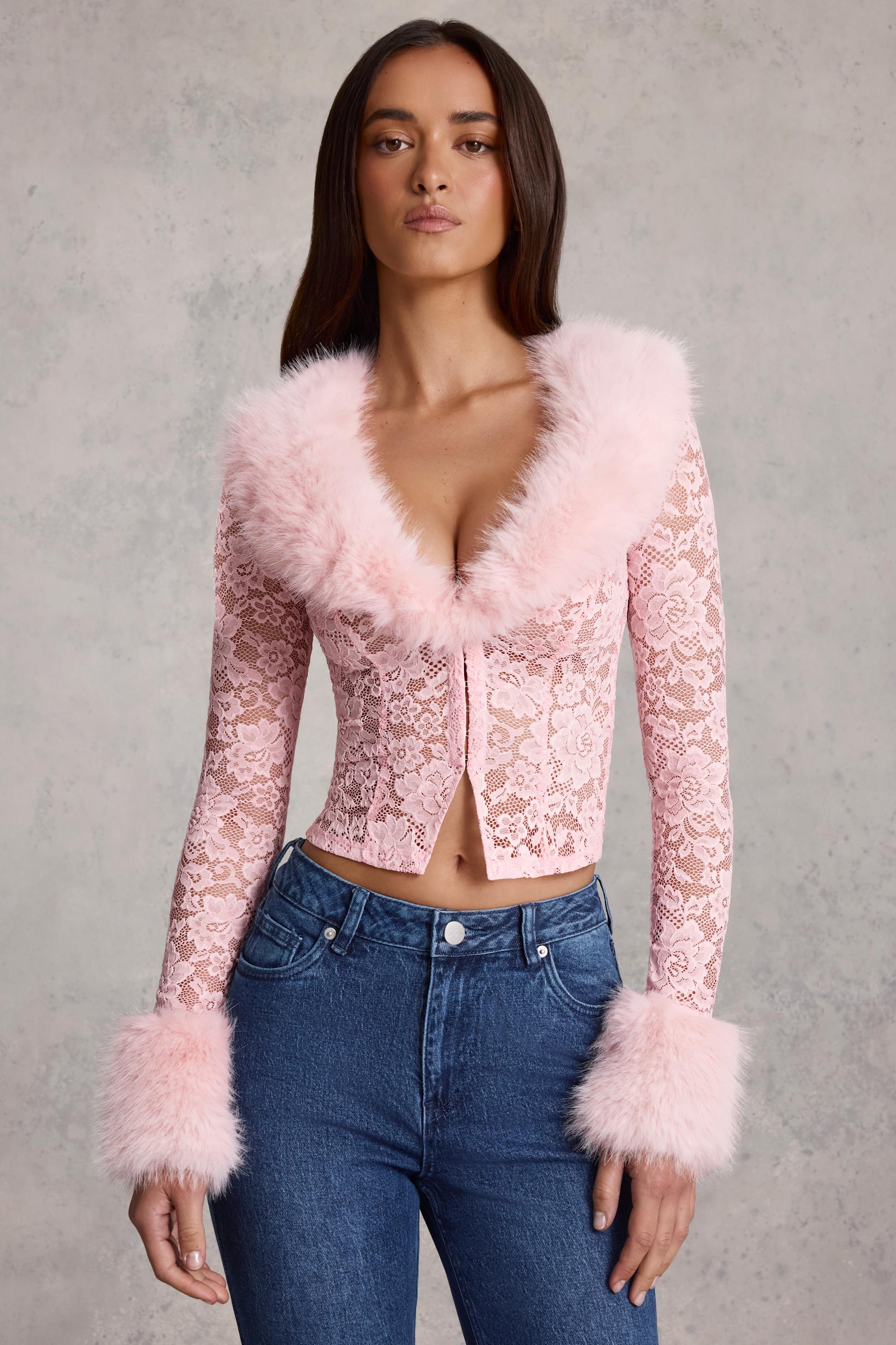 Faux Fur-Trim Lace Cardigan in Pink