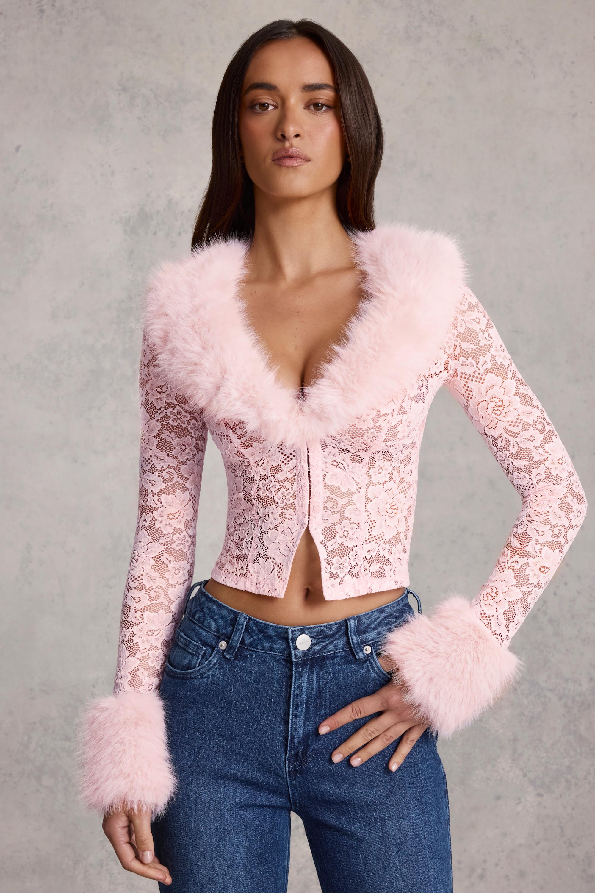 Faux Fur-Trim Lace Cardigan in Pink