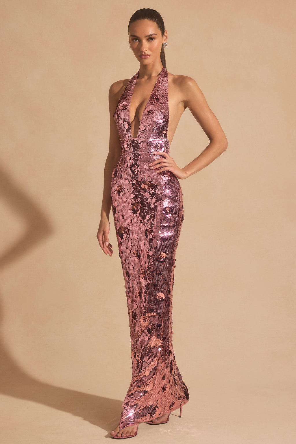 Sequin-Embellished Halterneck Maxi Dress in Pink