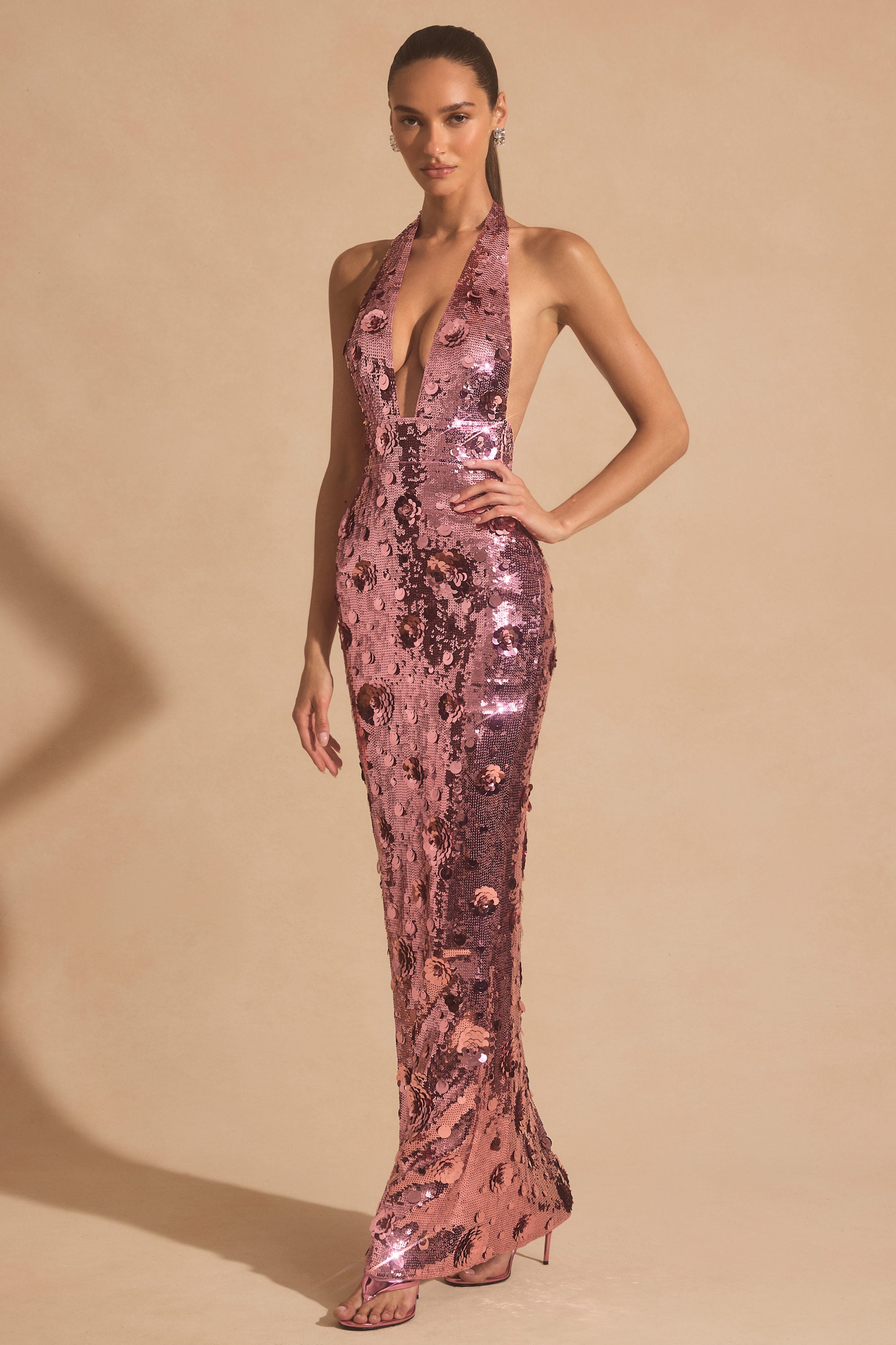 Sequin-Embellished Halterneck Maxi Dress in Pink