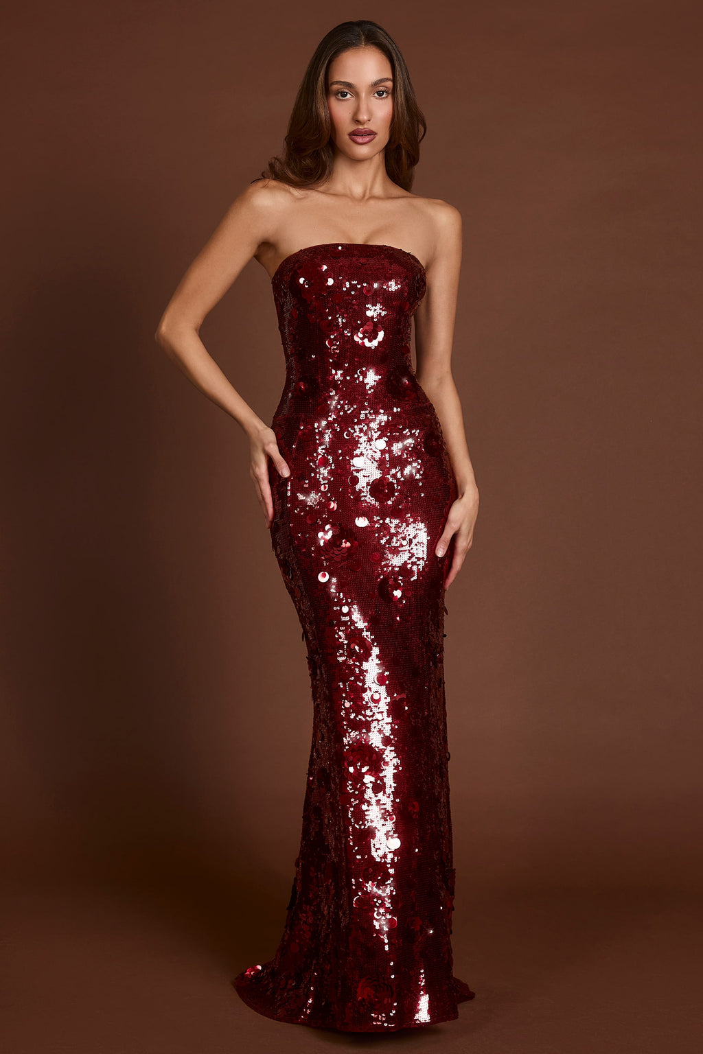 3D Embellished Bandeau Maxi Dress in Red