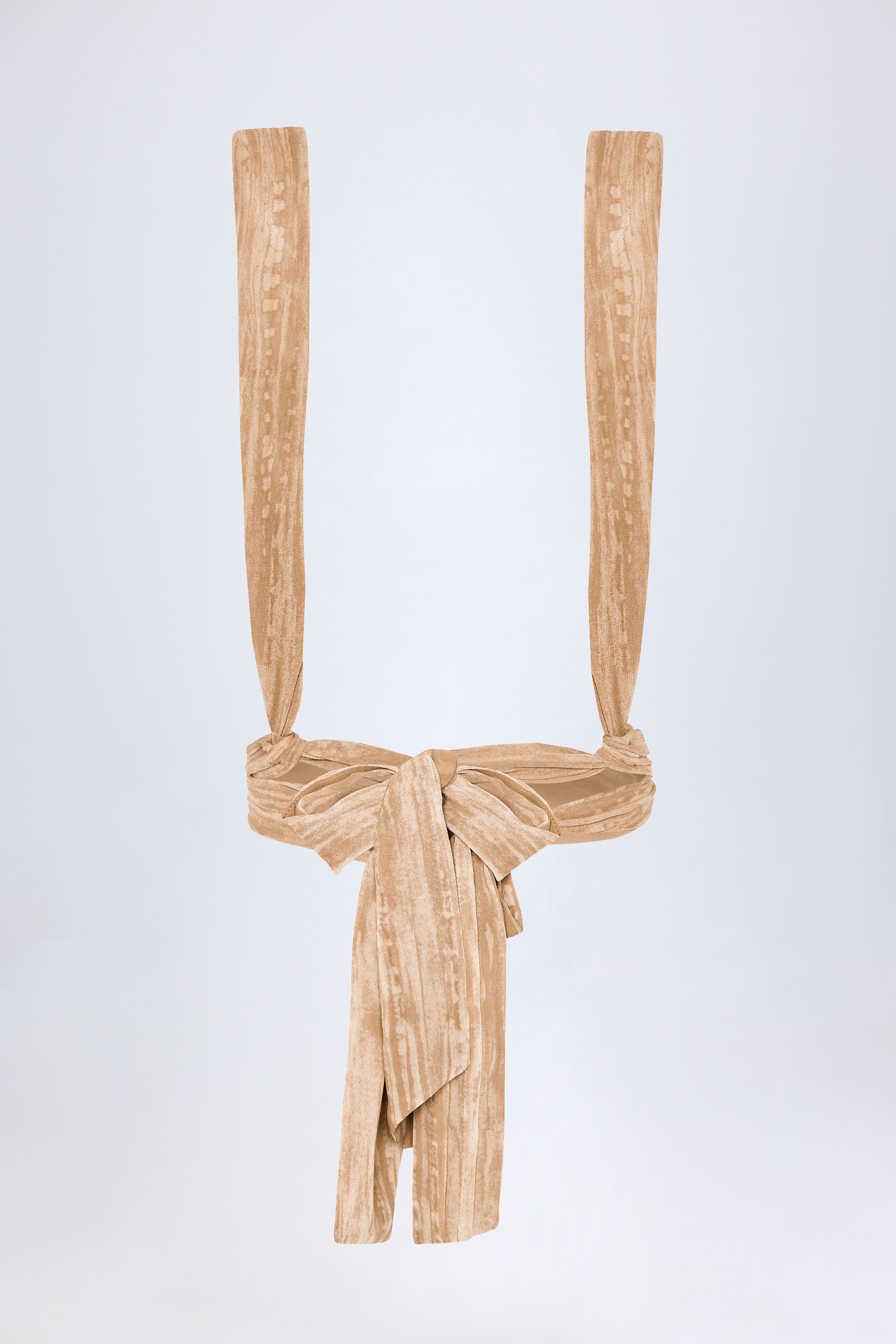 Ruched Halterneck Crop Top in Tan Print