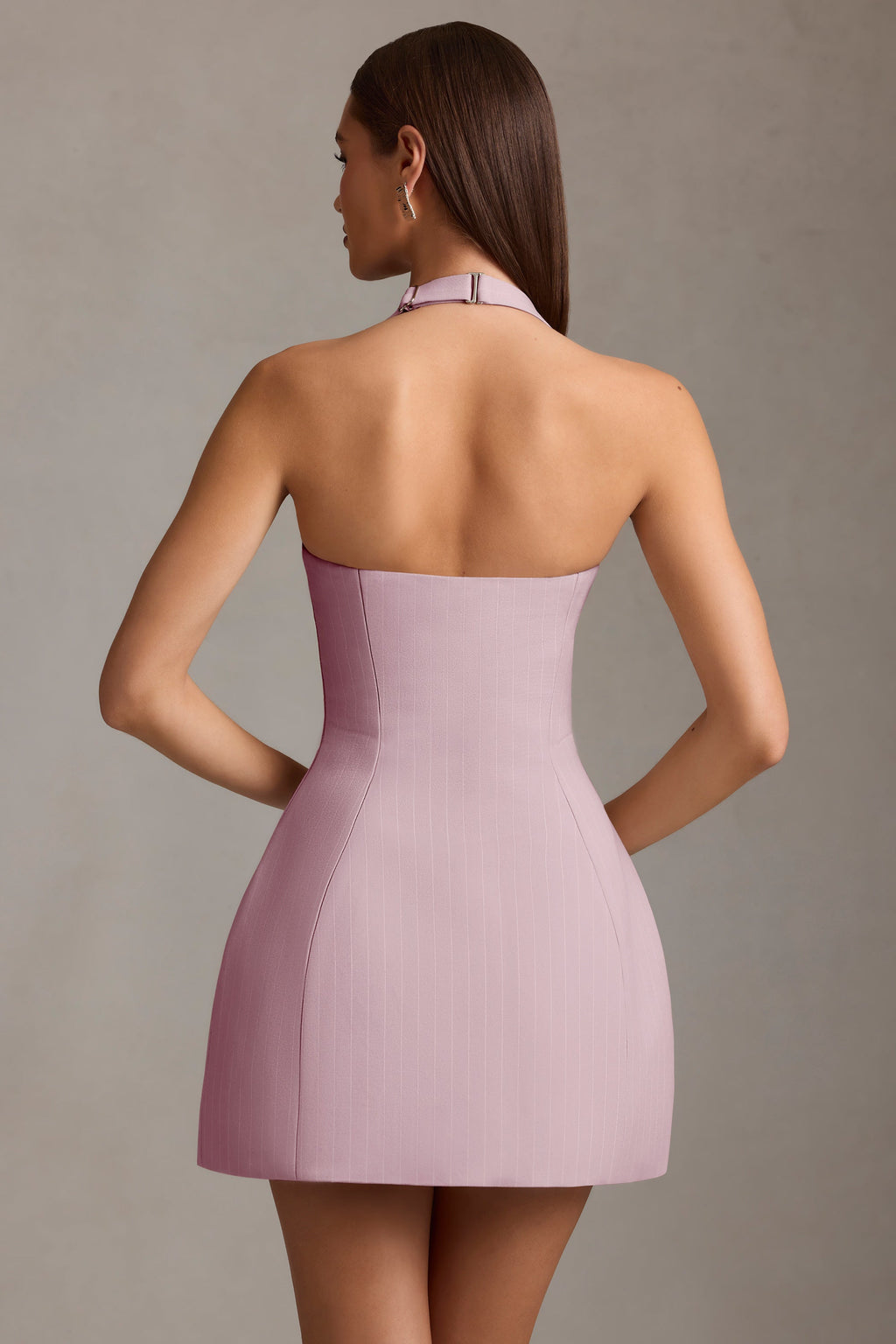 Pinstripe Halterneck Structured A-Line Mini Dress in Mauve