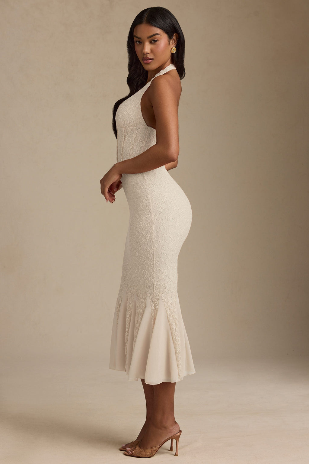 Halterneck Corset Lace Midaxi Dress in Ivory