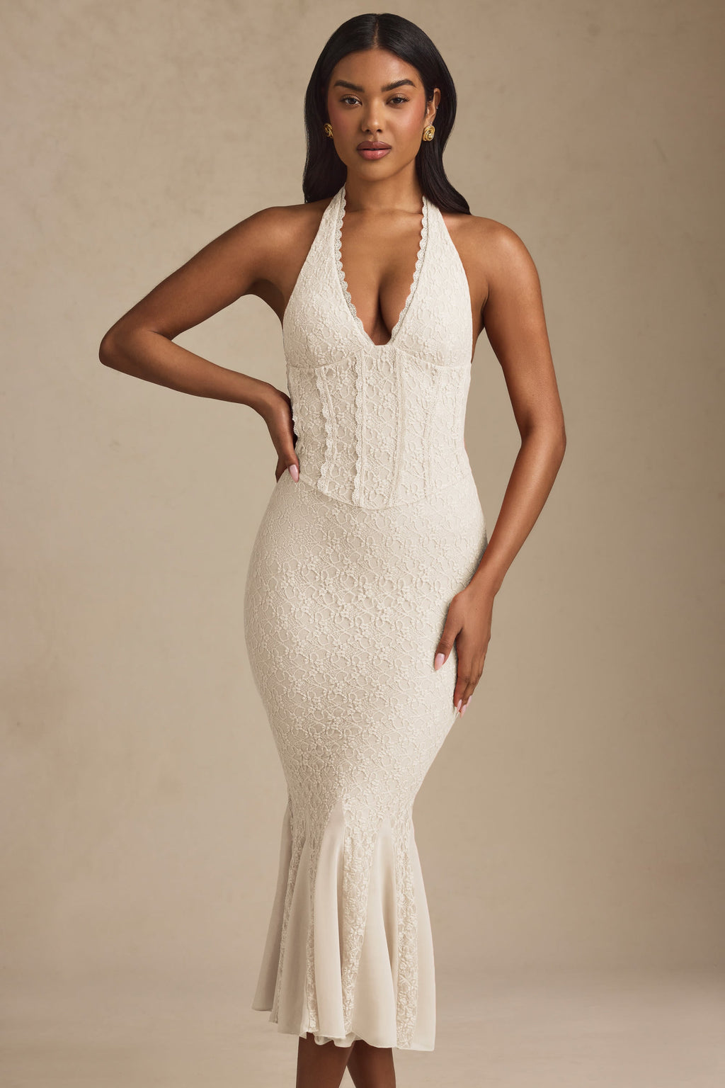Halterneck Corset Lace Midaxi Dress in Ivory