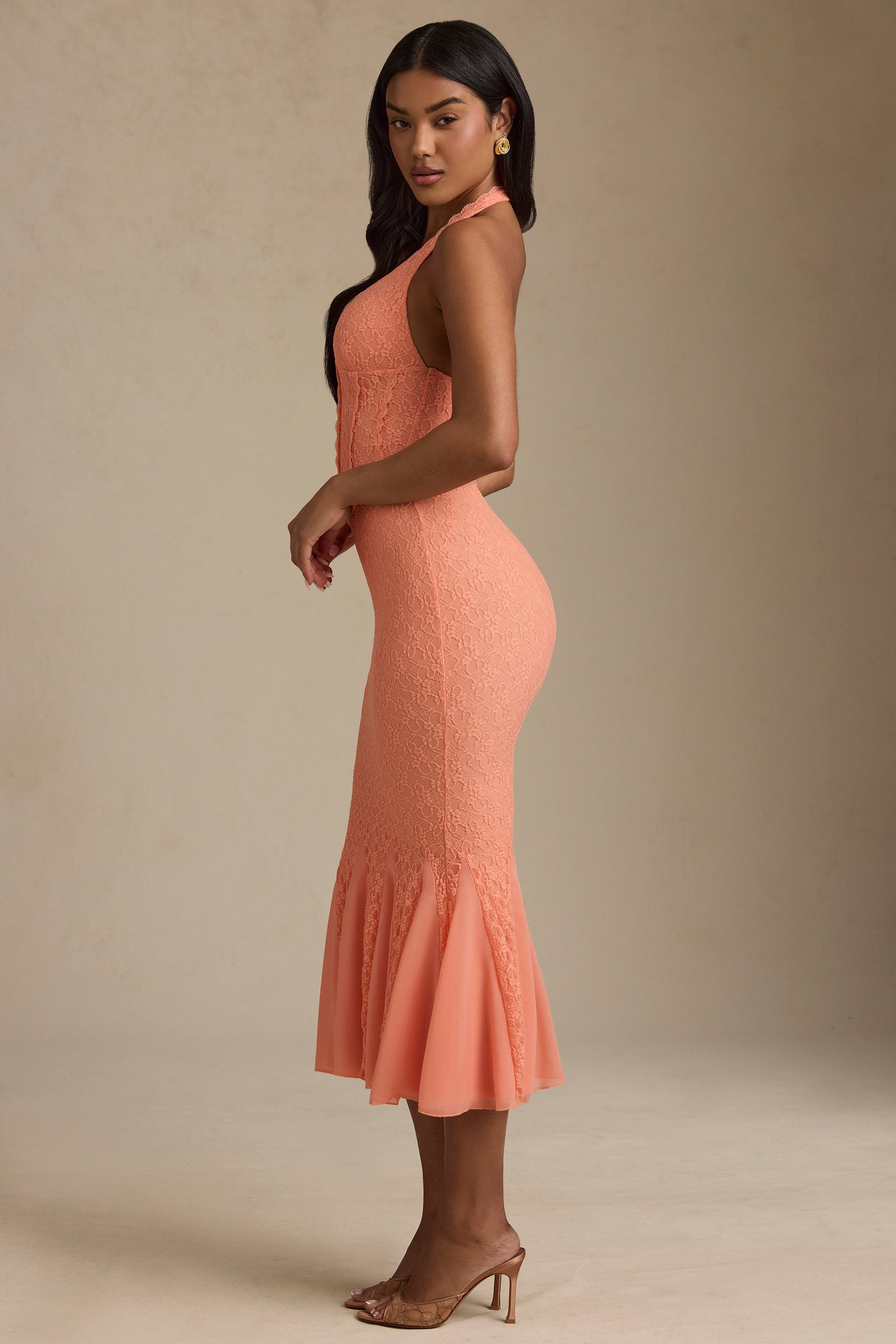 Halterneck Corset Lace Midaxi Dress in Peach