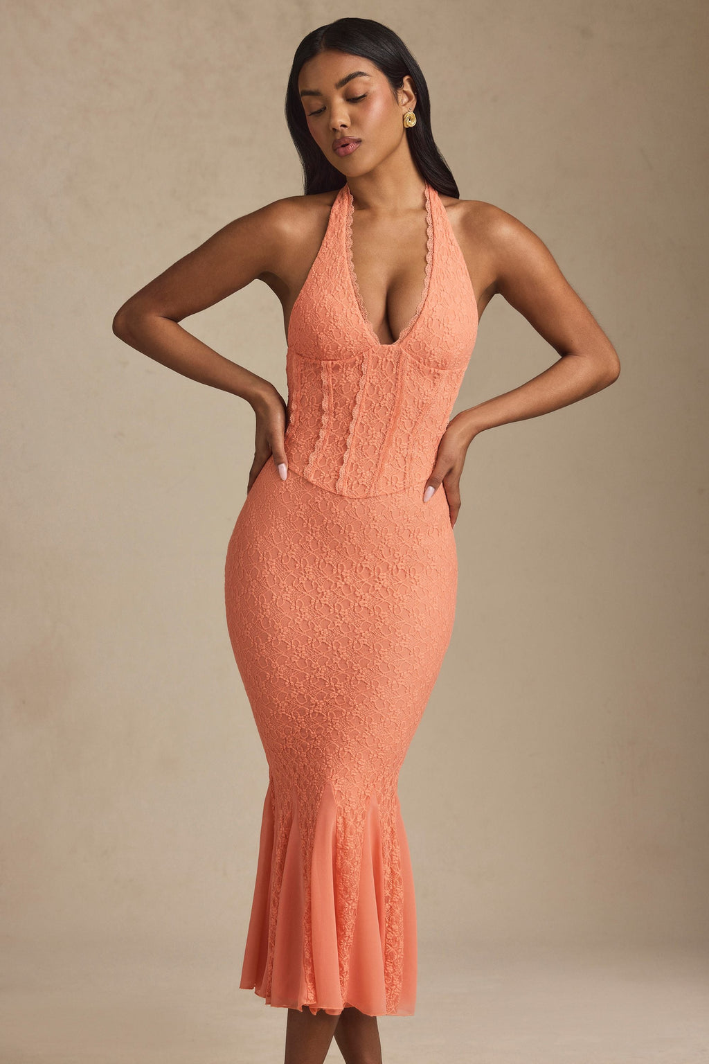 Halterneck Corset Lace Midaxi Dress in Peach