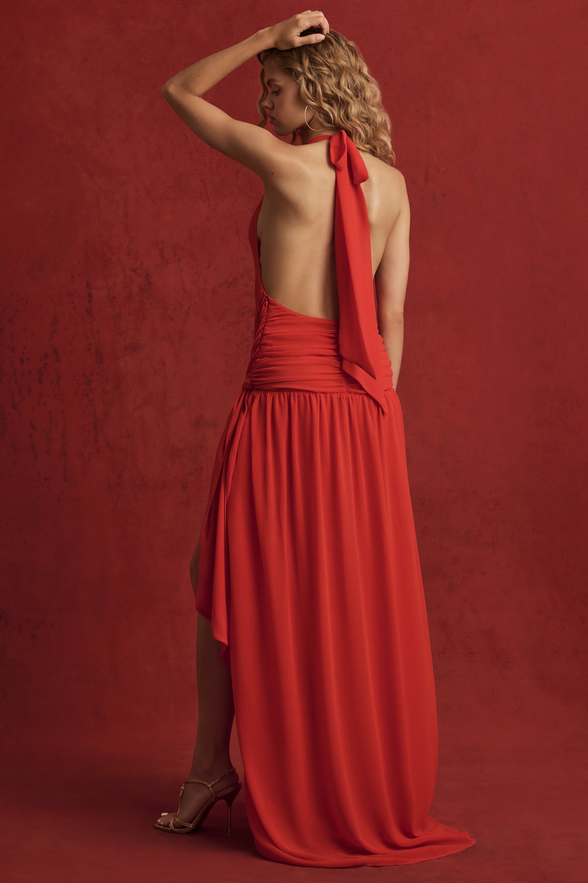 Asymmetric Halterneck Maxi Dress in Chilli Red