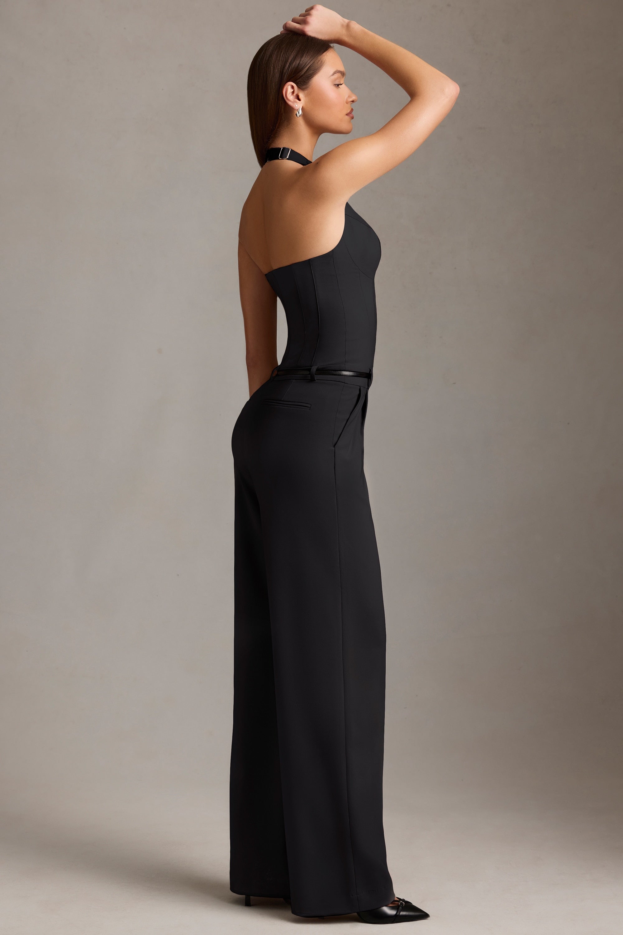 Corset-Detail Halterneck Jumpsuit in Black