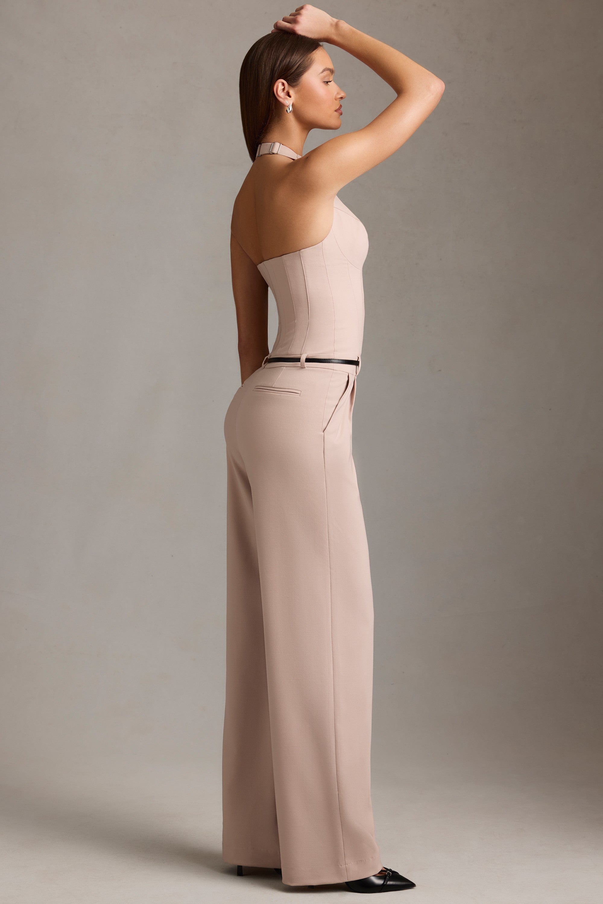 Corset-Detail Halterneck Jumpsuit in Mushroom