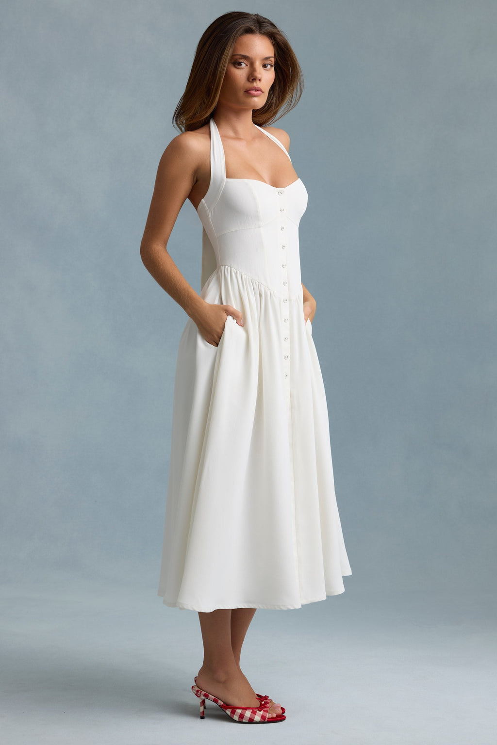 Button-Detail Halterneck Midaxi Dress in White