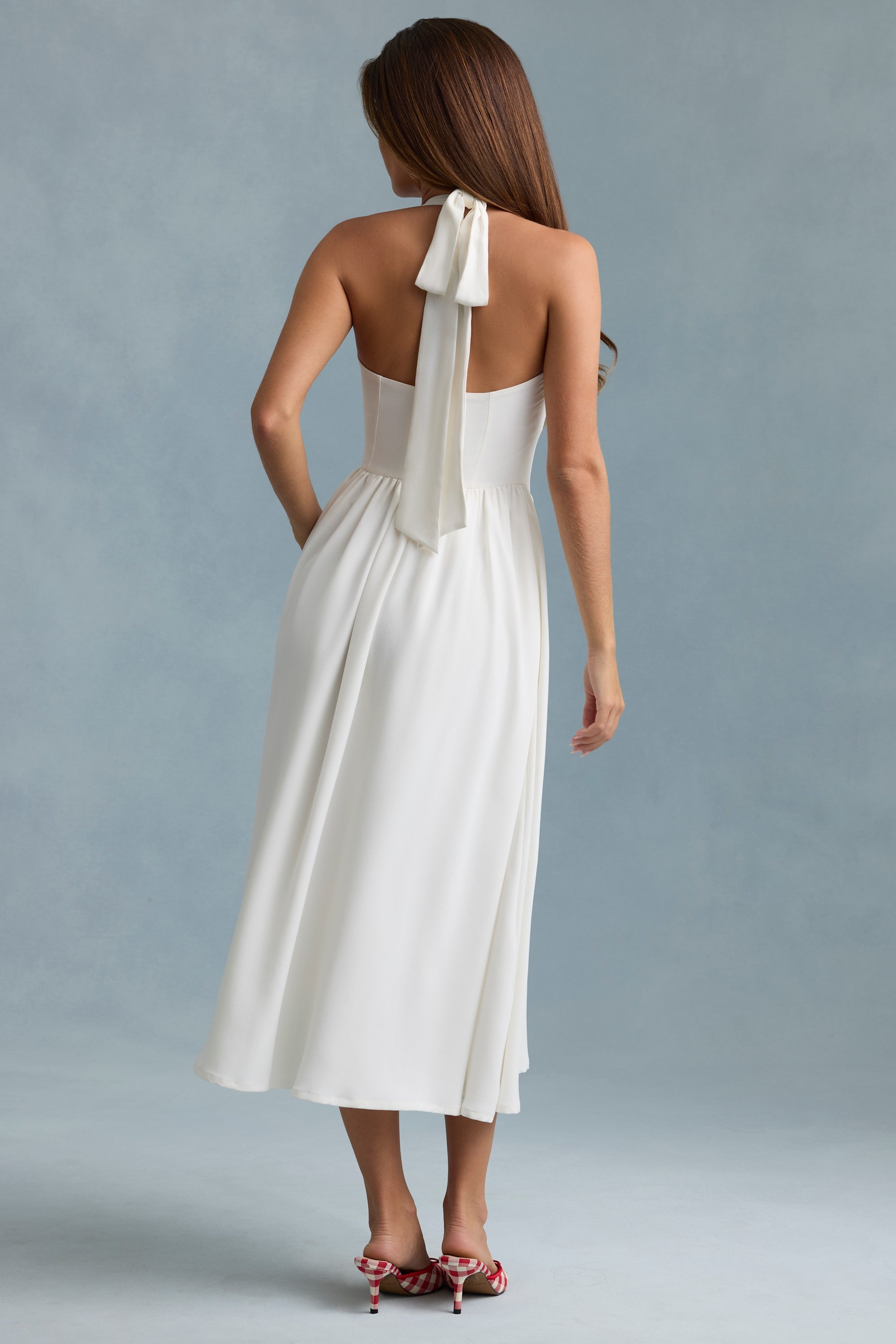 Button-Detail Halterneck Midaxi Dress in White