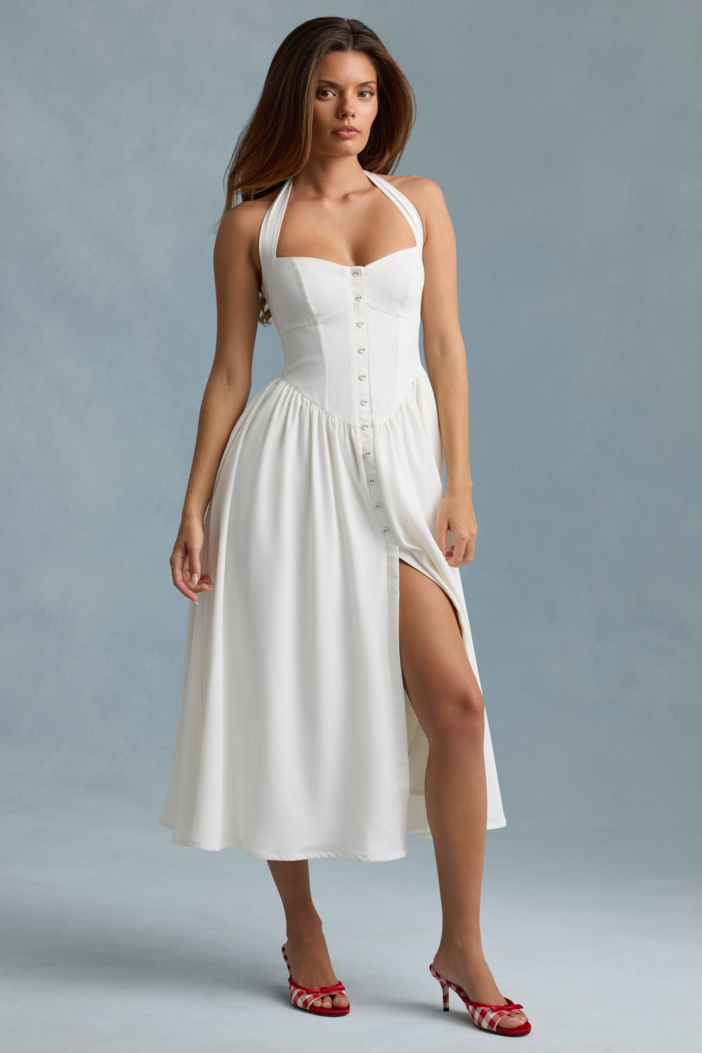 Button-Detail Halterneck Midaxi Dress in White