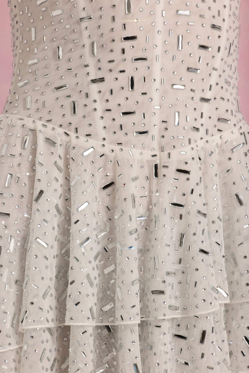 Embellished Ruffled Tiered Mini Dress in White