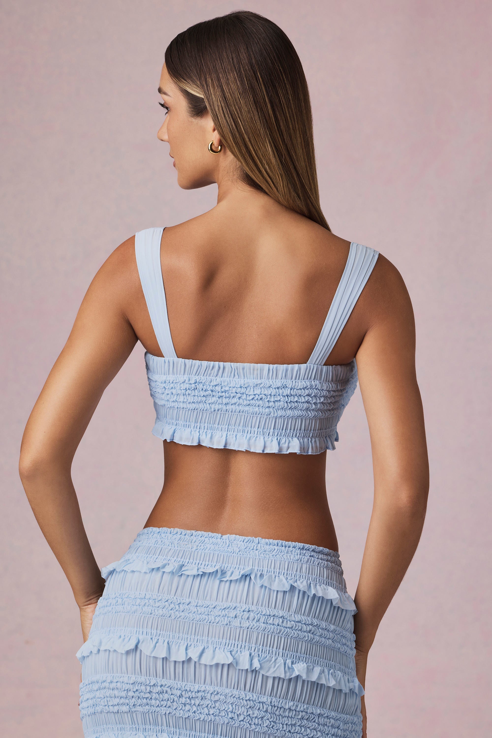Ruffle Tie-Front Crop Top in Powder Blue