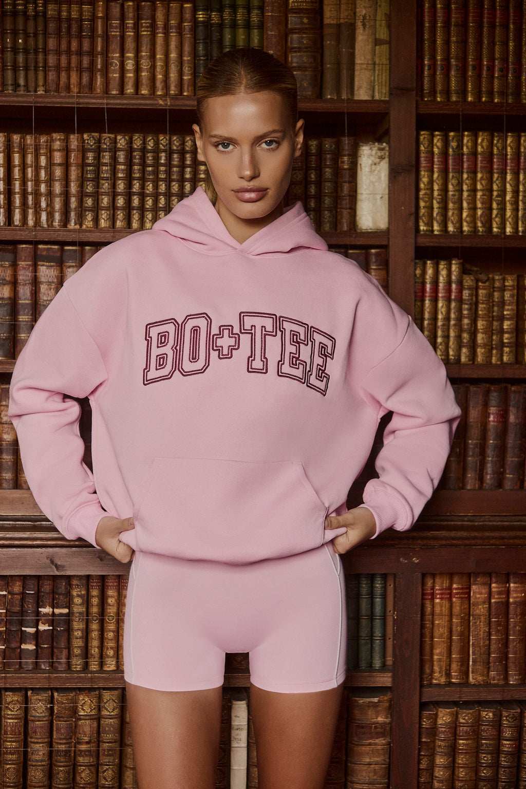 Premium Brushed Jersey Appliqué Oversized Hoodie in Powder Pink