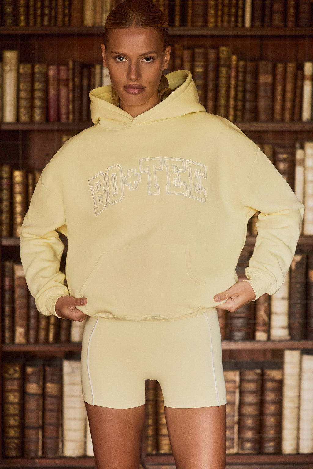Premium Brushed Jersey Appliqué Oversized Hoodie in Soft Yellow
