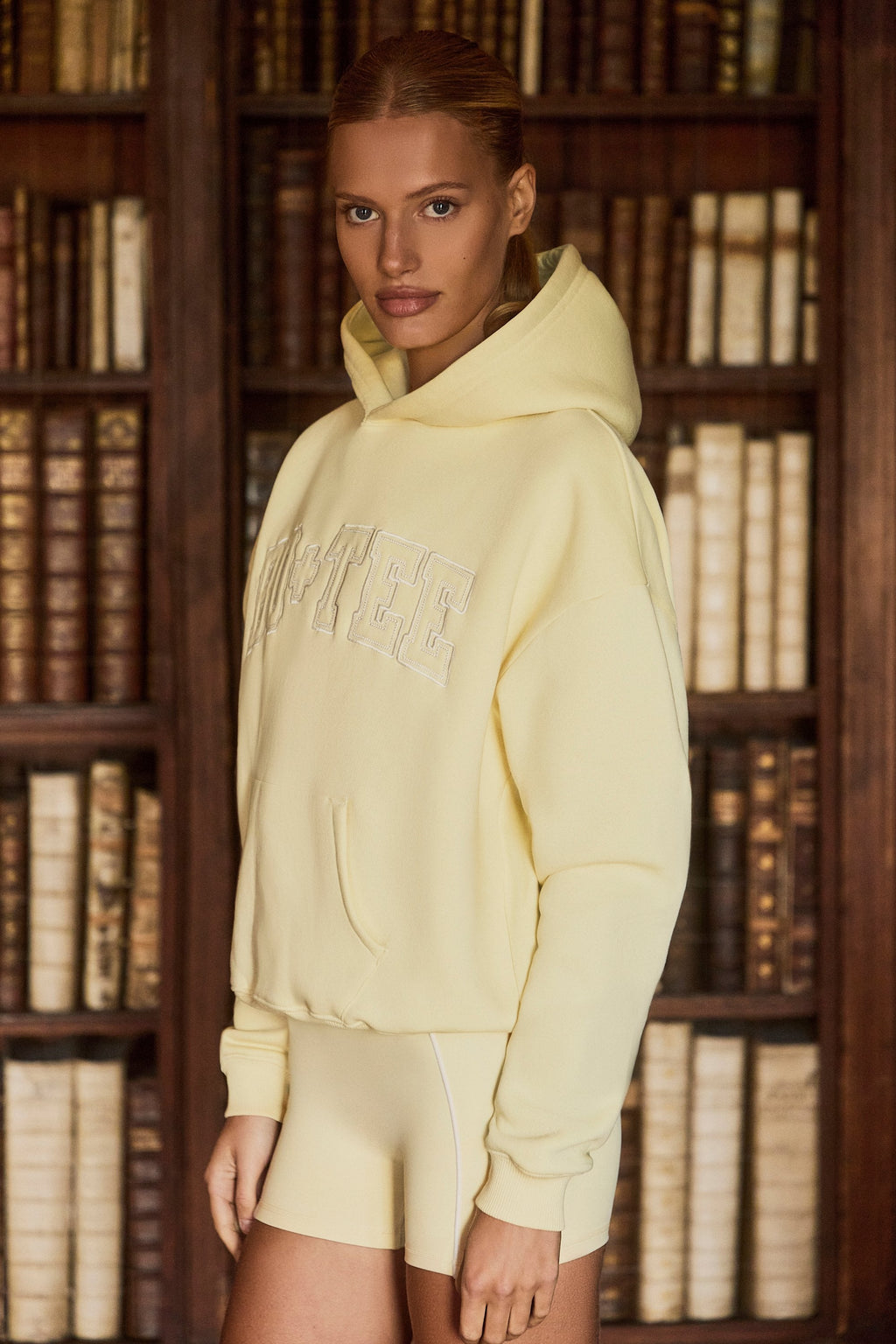 Premium Brushed Jersey Appliqué Oversized Hoodie in Soft Yellow