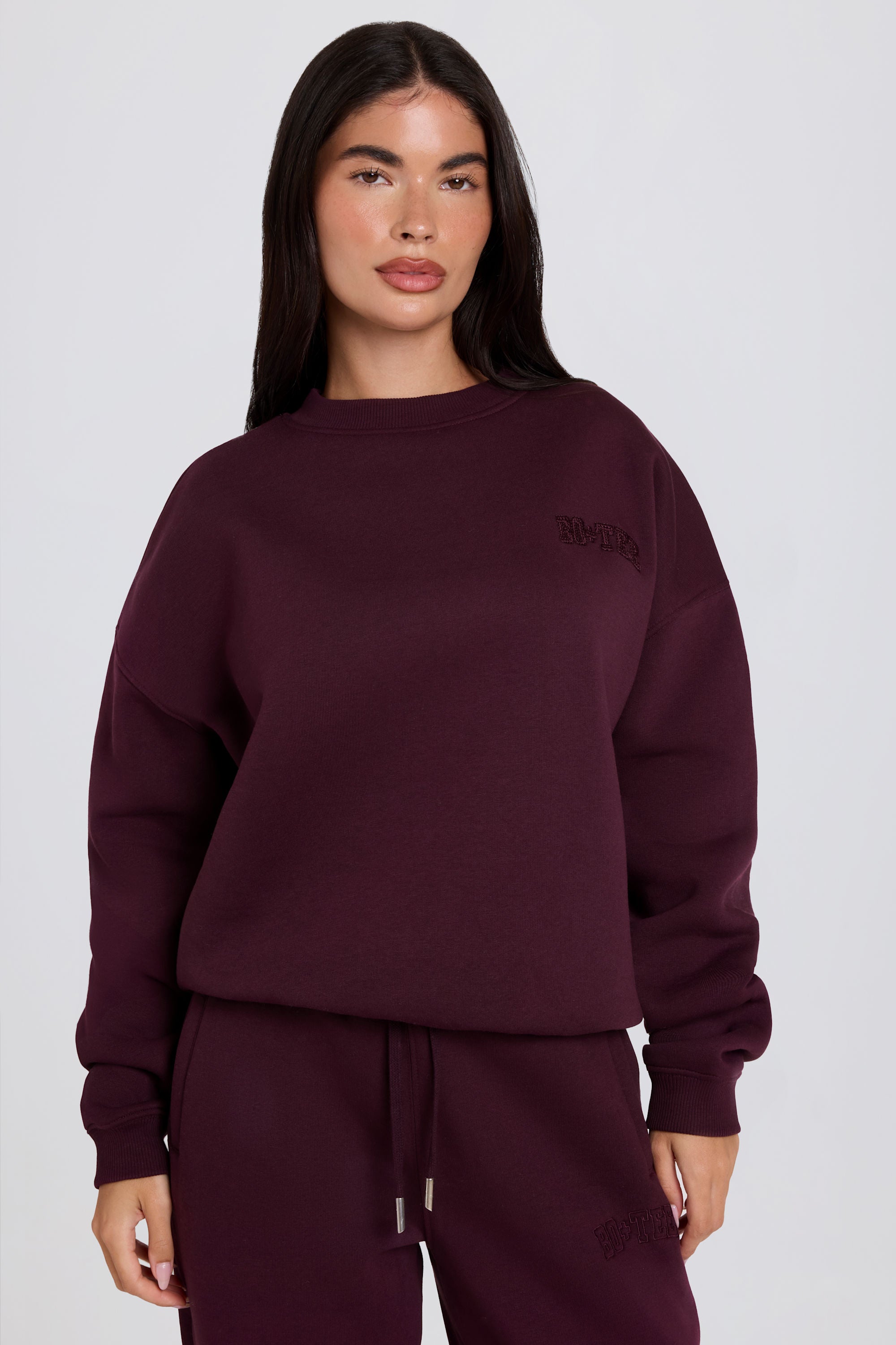 Brushed Cotton Jersey Oversized Crew-Neck Jumper in Burgundy