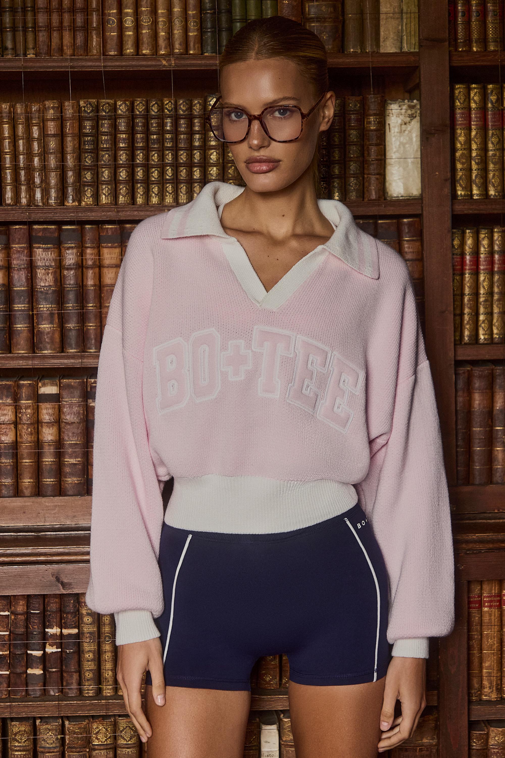 Cotton Jersey Oversized V-Neck Jumper in Powder Pink