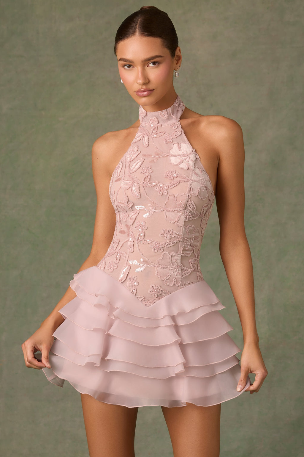 Embellished Ruffled Halterneck Mini Dress in Dusty Rose